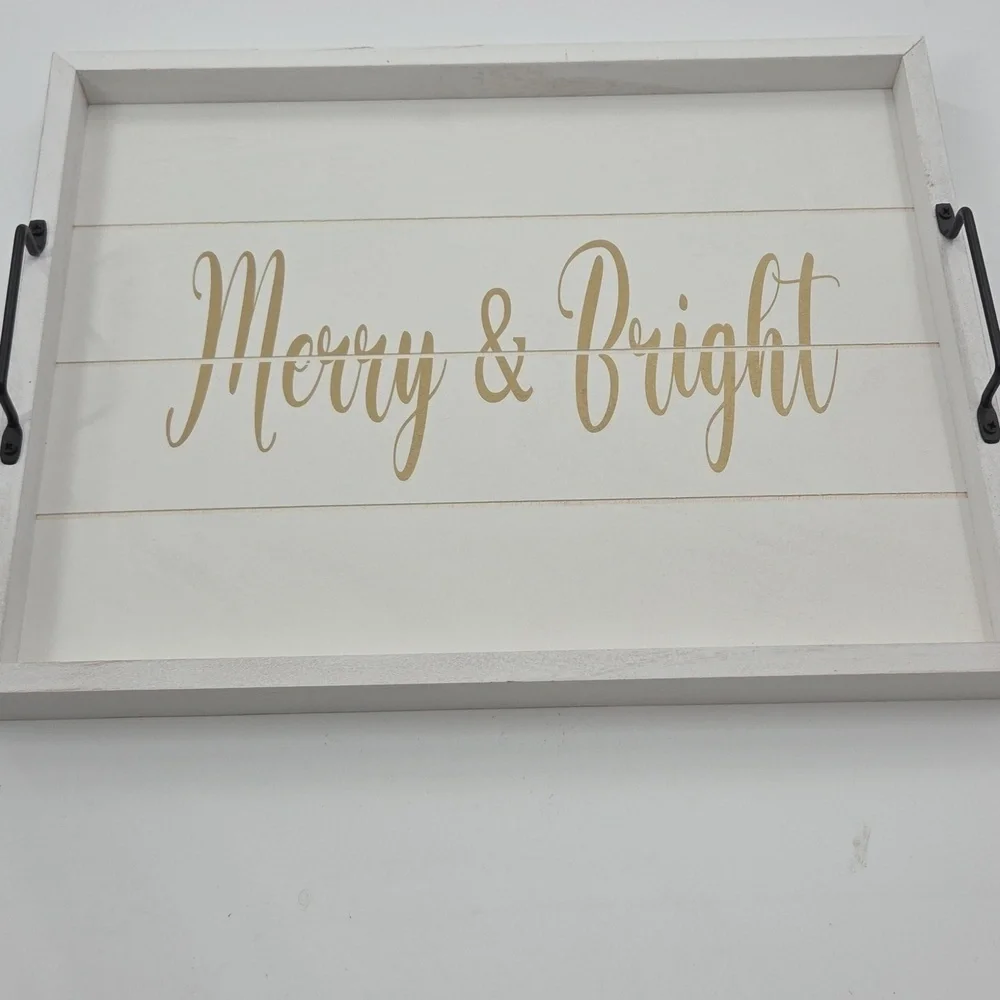 White Tray with Gold 'Merry & Bright' Text